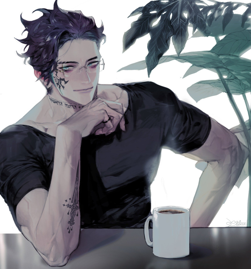 1boy bara black_shirt blue_eyes closed_mouth coffee_mug cup earrings facial_tattoo glasses hand_on_hip highres jewelry looking_at_viewer male_focus mug muscular muscular_male neck_tattoo original pigeon666 pinky_ring plant pov_across_table purple_hair rimless_eyewear ring shirt short_hair short_sleeves signature simple_background smile solo tattoo upper_body veins white_background
