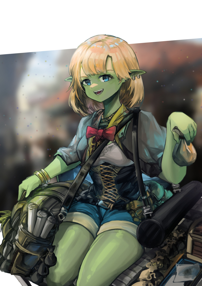 1girl absurdres alternate_skin_color bag bangs blonde_hair blue_eyes blue_shorts bow bowtie bracelet capelet colored_skin corset ear_piercing fangs female_goblin goblin green_skin grey_capelet highres hololive hololive_english jewelry long_pointy_ears looking_at_viewer map medium_hair monsterification open_mouth piercing pointy_ears potion red_bow shirt short_shorts shorts sitting solo teeth thighs vyragami watoto_(watson_amelia) watson_amelia white_shirt world_of_darkness
