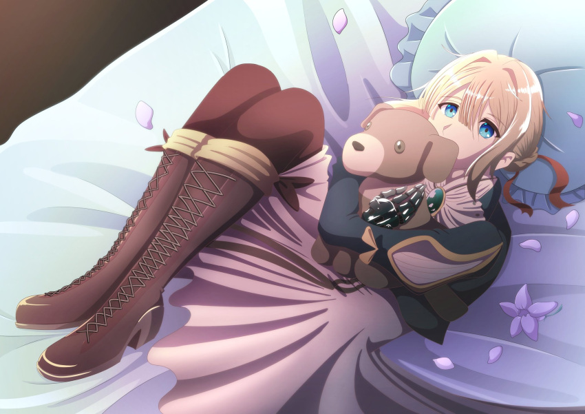 1girl blonde_hair blue_eyes boots brooch cross-laced_footwear doll_hug ferrumflos1st hair_between_eyes highres jewelry knee_boots lace-up_boots legs_together lying mechanical_hands on_back pillow pink_skirt skirt solo stuffed_animal stuffed_dog stuffed_toy violet_evergarden violet_evergarden_(character)