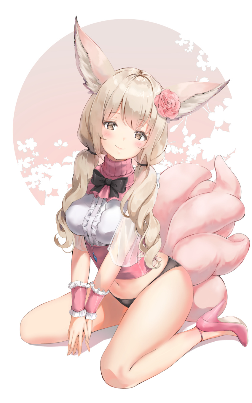 1girl absurdres animal_ear_fluff animal_ears black_panties blade_&amp;_soul breasts brown_eyes brown_hair flower fox_ears fox_tail hair_flower hair_ornament hands_together high_heels highres keibeam legs long_hair low_twintails lyn_(blade_&amp;_soul) multiple_tails navel no_pants panties red_footwear rose shirt shoes sitting smile solo tail thighs twintails underwear v_arms white_shirt wrist_cuffs