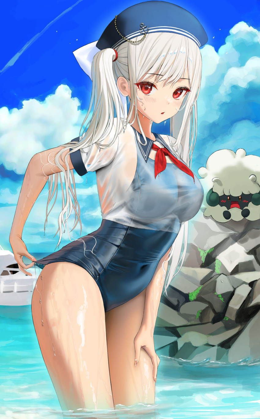 1girl absurdres beret blue_headwear blue_sky blue_swimsuit breasts check_copyright cloud collared_shirt commission copyright_request covered_navel crop_top day gen_5_pokemon hand_on_own_thigh hat highres large_breasts long_hair looking_at_viewer neckerchief ocean one-piece_swimsuit original outdoors parted_lips pokemon red_eyes sailor_collar sailor_shirt see-through shirt short_sleeves sky solo standing swimsuit thighs tokkihouse twintails wading water wet wet_clothes wet_shirt whimsicott white_hair white_shirt