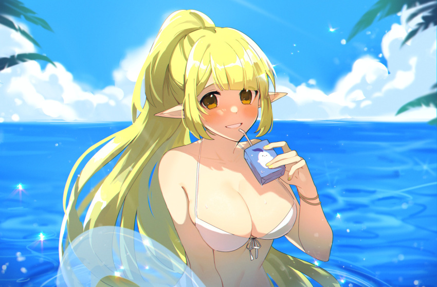 1girl bangs bikini blonde_hair blue_sky blunt_bangs blurry blurry_background blush breasts brown_eyes cleavage day depth_of_field elsword front-tie_bikini front-tie_top green_hair grin halterneck horizon innertube juice_box large_breasts long_hair looking_at_viewer ocean outdoors pointy_ears ponytail rena_erindel sasa_(sa1008va) sidelocks sky smile solo sparkle sunlight swimsuit very_long_hair white_bikini wristband