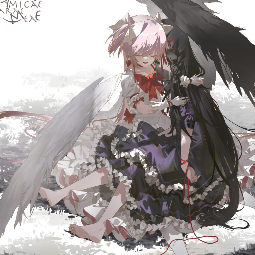 2girls akemi_homura angel_wings black_dress black_hair black_wings bow braid braiding_hair center_frills closed_eyes closed_mouth collarbone dress eyelashes feathered_wings flat_chest frilled_dress frilled_sleeves frills full_body gloves grass hairdressing halter_dress halterneck hand_in_another's_hair head_on_another's_shoulder highres homulilly kaname_madoka layered_dress light_blush long_hair mahou_shoujo_madoka_magica mahou_shoujo_madoka_magica_movie multiple_girls muted_color neck_ribbon on_ground pale_skin parted_lips pink_hair puffy_sleeves red_bow ribbon simple_background sitting sitting_on_person soles straight_hair tatatsu teeth two_side_up ultimate_madoka unconscious upper_teeth very_long_hair waist_bow white_background white_dress white_gloves white_ribbon white_wings wings
