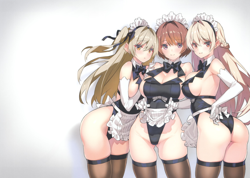 3girls absurdres apron apron_lift ass bare_shoulders black_legwear bob_cut bow braid breasts brown_eyes brown_hair cleavage cowboy_shot elbow_gloves from_side gloves gradient gradient_background hair_ribbon highleg highleg_leotard highres large_breasts leotard lifted_by_self light_brown_hair looking_at_viewer maid_headdress multiple_girls non-web_source one_side_up original platinum_blonde_hair purple_eyes ribbon saitou_masatsugu scan sideboob simple_background skindentation smile thighhighs white_gloves