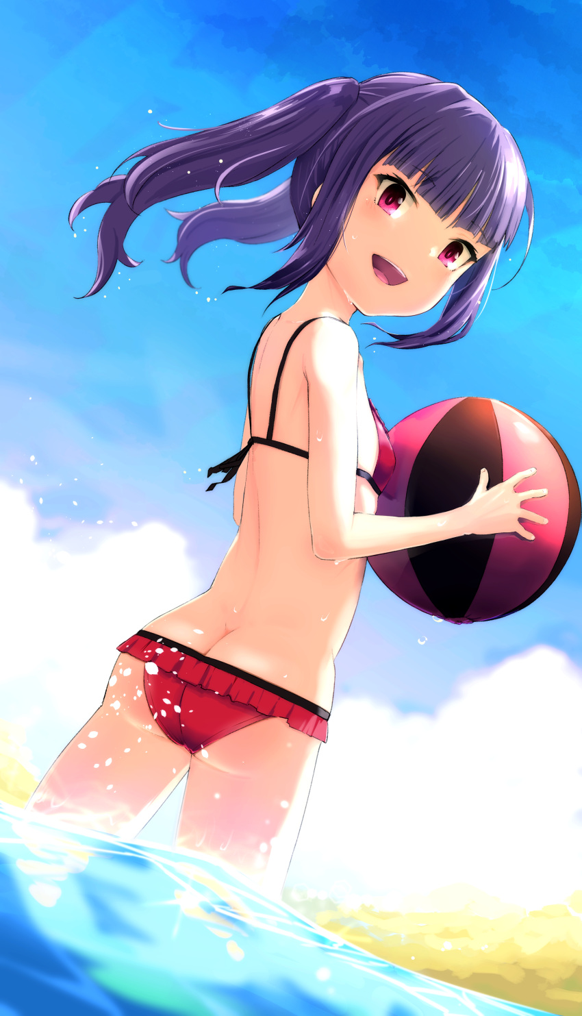 1girl absurdres alice_gear_aegis ass back ball bangs beachball bikini blue_sky blunt_bangs breasts butt_crack cloud cloudy_sky commentary_request day droplet dutch_angle eyebrows_visible_through_hair frilled_bikini frills from_behind highres holding holding_ball ichijou_ayaka looking_at_viewer looking_back medium_hair momo_(higanbana_and_girl) ocean open_mouth outdoors pink_eyes purple_hair red_bikini sky small_breasts smile solo splashing standing swimsuit twintails water wet