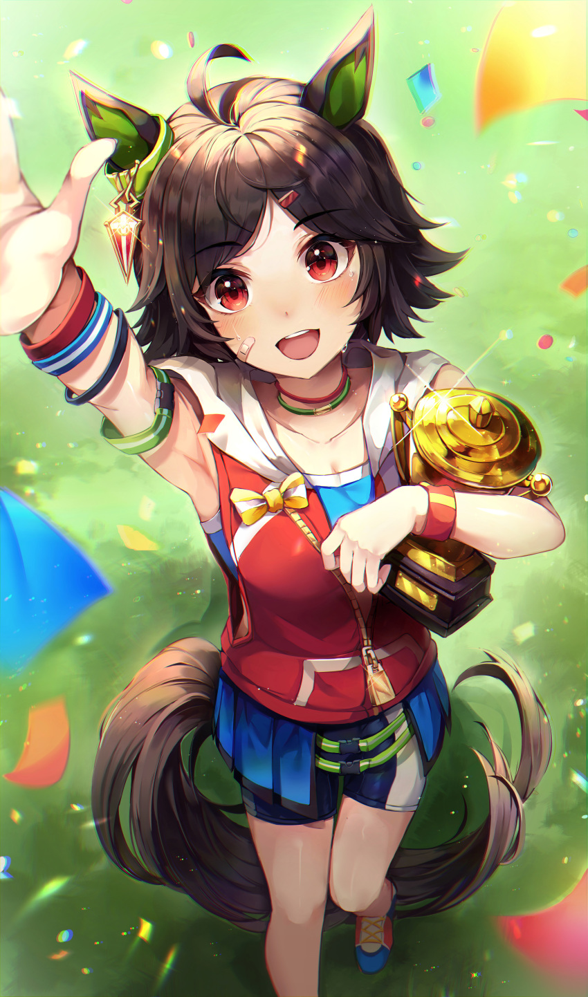 1girl absurdres animal_ears armpits bandaid bandaid_on_face black_hair blush collarbone eyebrows_visible_through_hair highres horse_ears horse_girl horse_tail huge_filesize mirage_(rairudiseu) open_mouth red_eyes short_hair sleeveless smile solo standing tail trophy umamusume winning_ticket_(umamusume)