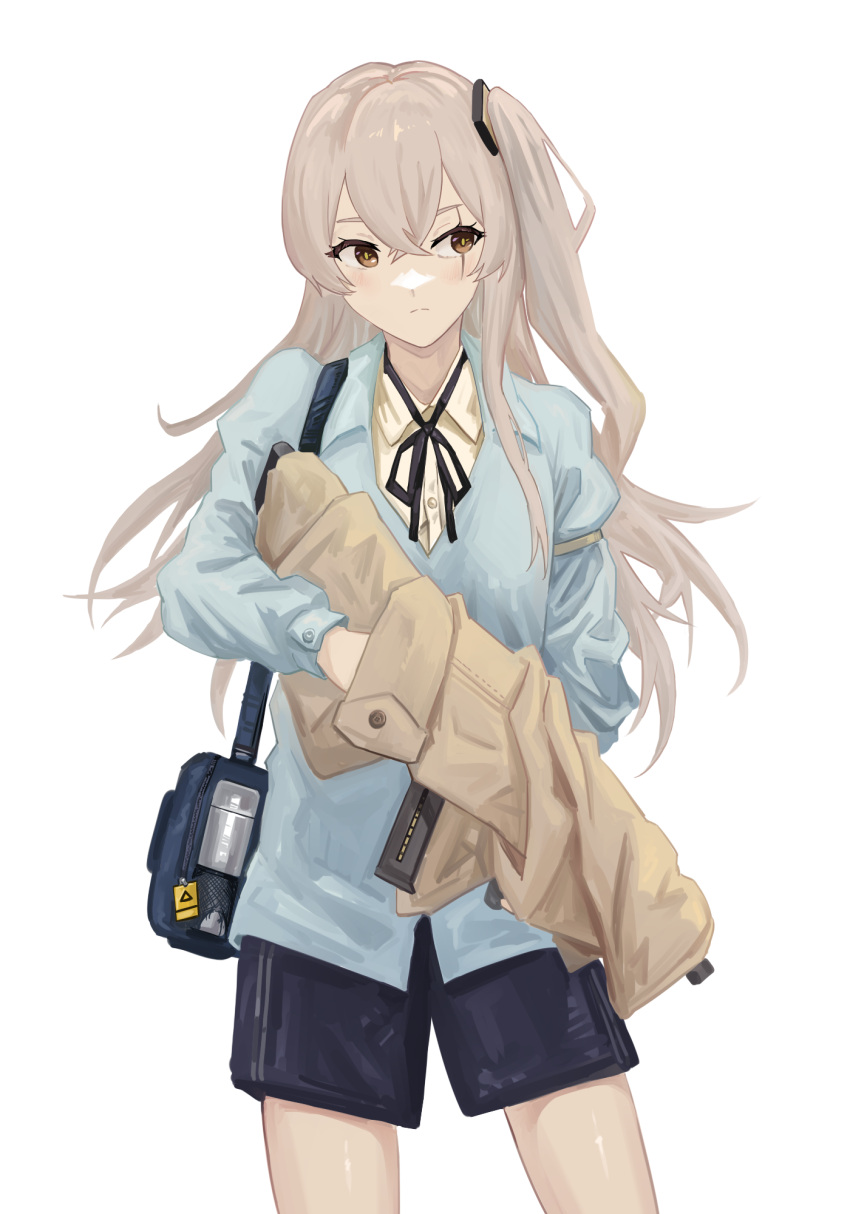 1girl bag blue_jacket bow brown_hair commentary_request girls_frontline gun h&amp;k_ump45 highres jacket long_hair looking_at_viewer object_namesake one_side_up scar scar_across_eye shirt solo submachine_gun ump45_(girls_frontline) weapon white_background white_shirt yao_yang