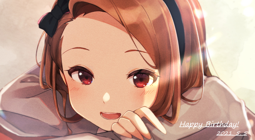 1girl 2021 :d black_bow black_hairband bow bow_hairband brown_hair grey_shirt hair_bow hairband happy_birthday highres idolmaster idolmaster_(classic) long_hair long_sleeves maa_(io_215) minase_iori open_mouth portrait red_eyes shiny shiny_hair shirt smile solo