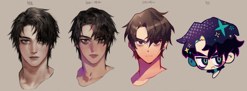 1boy art_shift black_hair bright_pupils brown_eyes chibi closed_mouth completely_nude expressionless frown grey_background highres looking_at_viewer male_focus multiple_views nude original pigeon666 portrait purple_hair ringed_eyes simple_background white_pupils