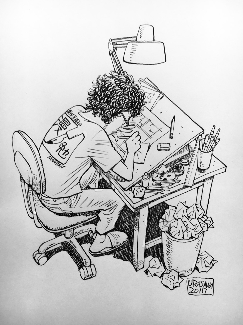 1boy 2017 artist_name chair commentary_request crumpled_paper curly_hair drawing eraser full_body glasses greyscale highres ink_bottle lamp male_focus mangaka monochrome nib_pen_(medium) paper pencil real_life ruler sitting slippers solo traditional_media trash_can urasawa_naoki urasawa_naoki_(mangaka)