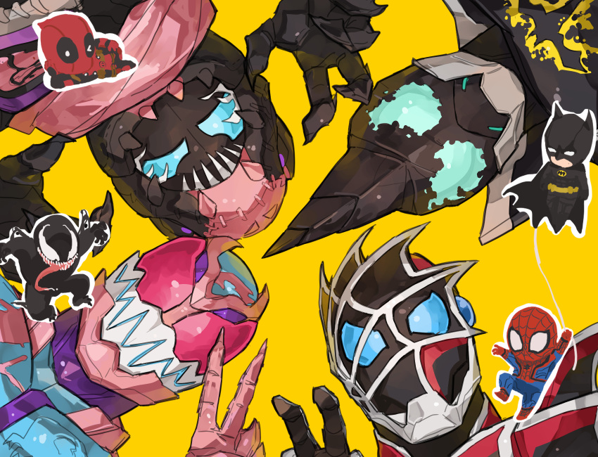 4boys aqua_eyes armor bat_genome batman batman_(series) bbbb_fex black_armor blue_eyes chibi chibi_inset commentary_request crossover dc_comics deadpool fingernails highres kamen_rider kamen_rider_demons kamen_rider_evil kamen_rider_revi kamen_rider_revice kamen_rider_vice looking_at_viewer male_focus marvel multiple_boys pink_armor pink_scarf red_armor red_eyes rex_genome scarf sharp_fingernails silk spider-man spider-man_(series) spider_genome spider_web spider_web_print trait_connection venom_(marvel)