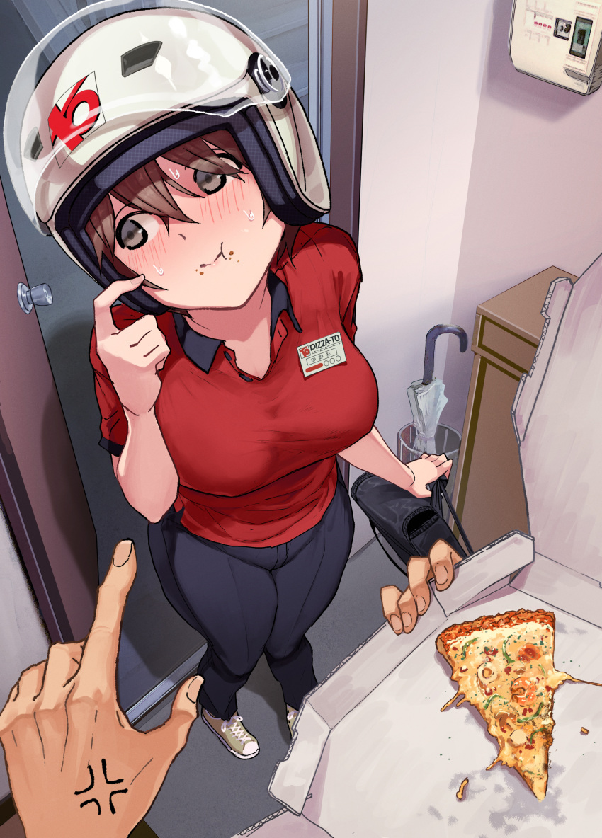 1boy 1girl absurdres anger_vein bag bangs black_pants breasts brown_eyes brown_hair caught closed_umbrella commentary_request delivery doorway food food_on_face food_theft from_above helmet highres holding holding_bag indoors large_breasts looking_away looking_to_the_side name_tag open_door original pants pizza pizza_box pov red_shirt scratching_cheek shirt short_hair short_sleeves solo_focus standing umbrella yomoda_yomo