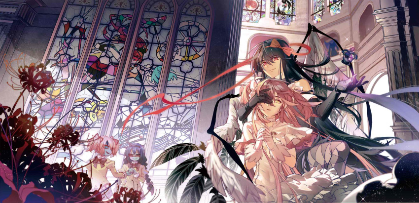 2girls akemi_homura akuma_homura architecture argyle argyle_legwear backlighting bare_shoulders black_gloves black_hair black_hairband black_skirt black_wings braid choker clara_dolls_(madoka_magica) closed_mouth covered_navel covering_another's_eye covering_one_eye dark_orb_(madoka_magica) dress elbow_gloves evil_smile expressionless eyebrows_visible_through_hair eyes_visible_through_hair feathered_wings flat_chest floating_hair flower frilled_dress frills glasses gloves grey_legwear hair_ribbon hairband half-closed_eyes hand_on_another's_face hand_up hands_clasped hands_up highres holding_hands indoors juliet_sleeves kaname_madoka kyubey layered_dress layered_sleeves light_particles long_hair long_sleeves looking_at_viewer mahou_shoujo_madoka_magica mahou_shoujo_madoka_magica_movie miki_sayaka mitakihara_school_uniform multiple_girls one_eye_covered own_hands_together palace parted_lips pink_hair plaid plaid_skirt pleated_skirt puffy_sleeves purple_eyes red-framed_eyewear red_flower red_ribbon ribbon ringed_eyes sakura_kyouko school_uniform skirt smile soul_gem sparkle spider_lily stained_glass sunlight thighhighs twin_braids twintails two_side_up ultimate_madoka very_long_hair white_choker white_dress white_gloves white_ribbon white_wings wide_sleeves window wings yellow_eyes zgxuke