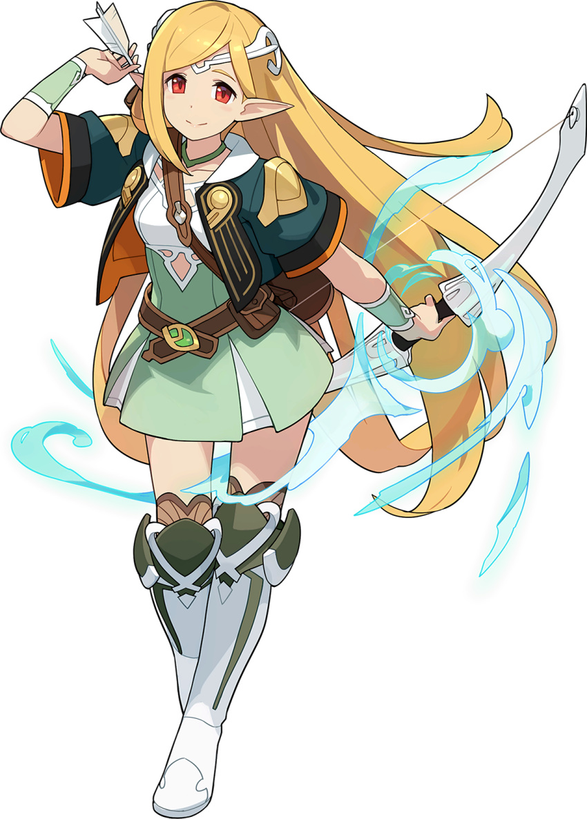 1girl aqua_jacket arm_up arrow_(projectile) artist_request aura bangs belt blonde_hair blush boots bow_(weapon) breasts brown_legwear choker closed_mouth cropped_jacket full_body green_choker green_skirt happy high-waist_skirt highres holding holding_arrow holding_bow_(weapon) holding_weapon jacket knee_boots light_blush long_hair looking_at_viewer mercel_(world_flipper) miniskirt non-web_source official_art open_clothes open_jacket outstretched_arm pointy_ears pouch quiver red_eyes shirt short_sleeves sidelocks skirt sleeveless sleeveless_shirt small_breasts smile solo standing sweatband thighhighs tiara transparent_background very_long_hair weapon white_footwear white_headwear white_shirt wide_sleeves world_flipper zettai_ryouiki