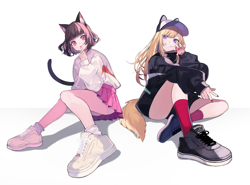 2girls animal_ears animal_hat baggy_clothes bangs baseball_cap black_footwear black_jacket blonde_hair blue_eyes brown_hair cat_ears cat_tail claw_pose dog_tail fashion finger_to_mouth hat highres jacket kmnz long_hair mc_lita mc_liz multiple_girls pink_eyes pink_skirt pleated_skirt reebok short_hair shugao sitting skirt sweater tail virtual_youtuber white_background white_footwear white_sweater