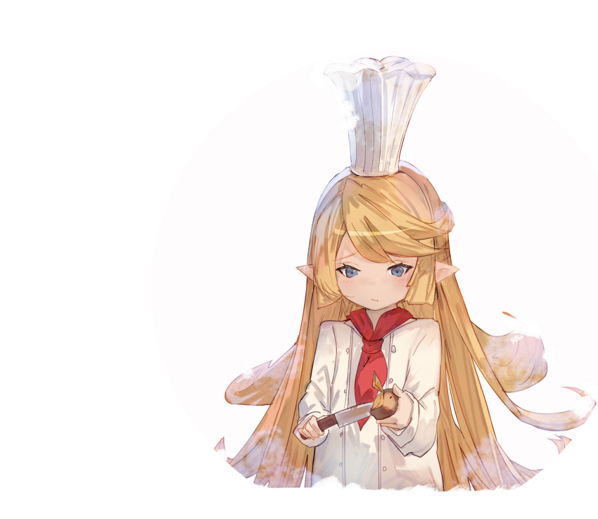 1girl absurdres bangs blonde_hair blue_eyes blush charlotta_fenia chef_hat chef_uniform chips closed_mouth commentary_request cropped_torso food granblue_fantasy harvin hat highres holding holding_food holding_knife jacket knife long_hair long_sleeves peeling pointy_ears potato_chips red_neckwear simple_background solo toque_blanche tota_(sizukurubiks) upper_body very_long_hair white_background white_headwear white_jacket