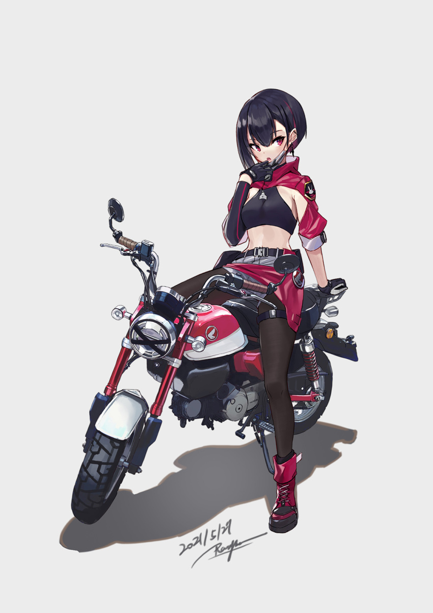 1girl arm_support belt black_gloves black_hair black_legwear breasts button_gap colored_inner_hair crop_top dated detached_sleeves earrings full_body gloves grey_shorts ground_vehicle highres honda honda_monkey jewelry looking_at_viewer mask mask_pull motor_vehicle motorcycle mouth_mask multicolored_hair open_mouth original pantyhose pink_eyes pink_hair ranyu short_shorts short_sleeves shorts shrug_(clothing) signature simple_background single_detached_sleeve sitting small_breasts solo thigh_strap two-tone_hair white_background