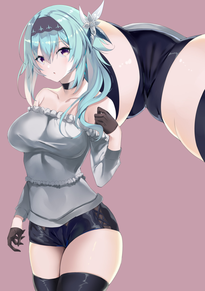1girl ass_visible_through_thighs bare_shoulders black_gloves blue_hair breasts cameltoe casual choker cowboy_shot eula_lawrence frilled_shirt_collar frills from_below genshin_impact gloves hairband half_gloves highres long_sleeves looking_at_viewer medium_breasts noto_kurumi open_mouth short_shorts shorts solo strapless thighhighs thighs