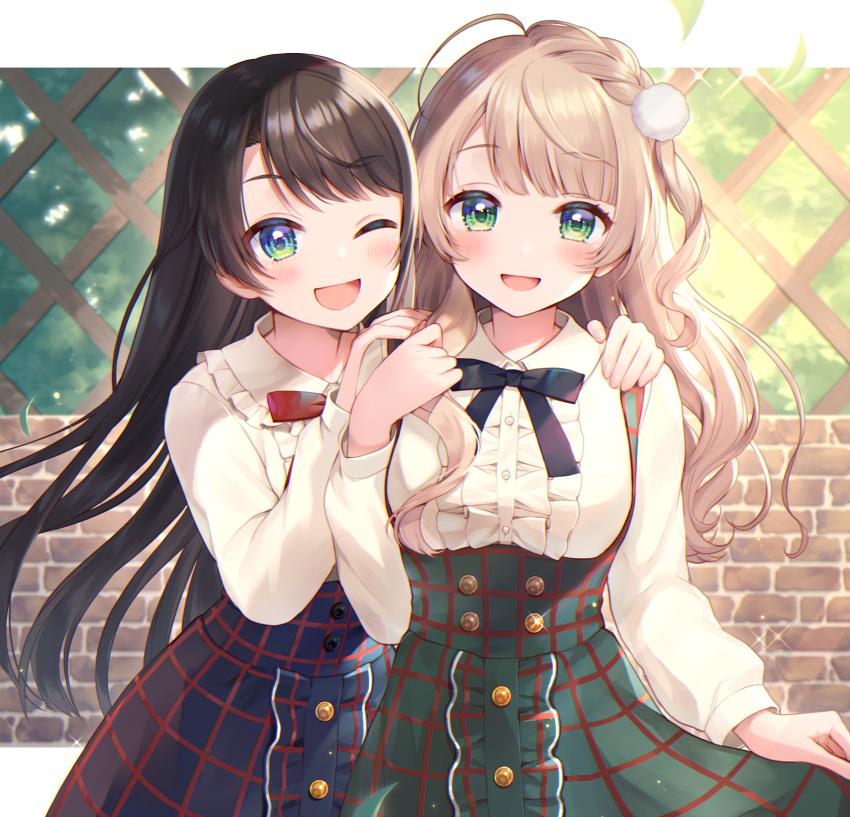 2girls :d ;d bangs black_hair blush braid buttons center_frills commentary_request cowboy_shot eyebrows_visible_through_hair frills green_eyes hair_ornament hair_pom_pom hand_on_own_shoulder hands_on_another's_shoulders hands_up high-waist_skirt highres hololive indie_virtual_youtuber light_brown_hair long_hair long_sleeves looking_at_viewer meme_attire momoshiki_tsubaki multiple_girls one_eye_closed oozora_subaru open_mouth patterned_clothing shigure_ui_(vtuber) shirt skirt skirt_hold smile standing striped virgin_killer_outfit virtual_youtuber white_shirt