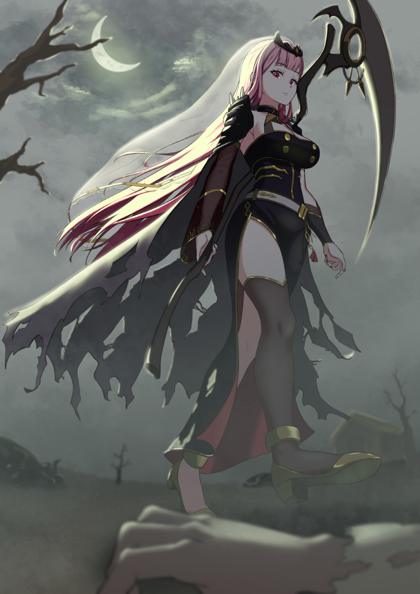 1girl 1other af2345 bangs bare_tree black_clothes black_dress black_legwear crescent_moon disembodied_limb dress english_commentary gold_footwear gold_trim high_heels highres hololive hololive_english long_hair moon mori_calliope night night_sky pink_eyes pink_hair scythe shoulder_spikes sky spikes tiara tree veil virtual_youtuber weapon