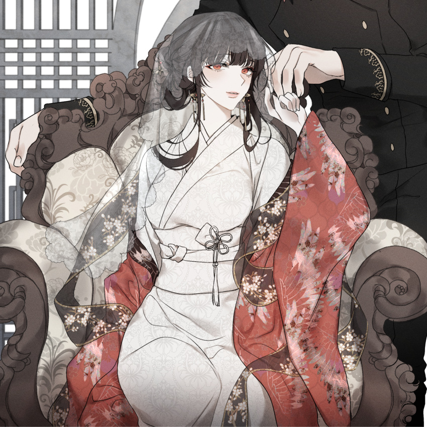 1boy 1girl bad_source black_hair breasts bridal_veil chair couple ea_ateu earrings female_saniwa_(touken_ranbu) highres japanese_clothes jewelry kimono large_breasts nihongou_(touken_ranbu) red_eyes saniwa_(touken_ranbu) sitting solo_focus source_request touken_ranbu veil