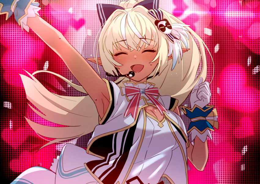 1girl absurdres arm_up armpits bangs blonde_hair blush bow bowtie breasts cleavage cleavage_cutout closed_eyes clothing_cutout commentary_request dark-skinned_female dark_skin eyebrows_visible_through_hair gloves hair_bow hair_ornament hand_up headset heart heart_background highres hololive hololive_idol_uniform long_hair microphone open_mouth panda_hair_ornament pointy_ears shiranui_flare smile solo sweat upper_body virtual_youtuber white_gloves yomosaka