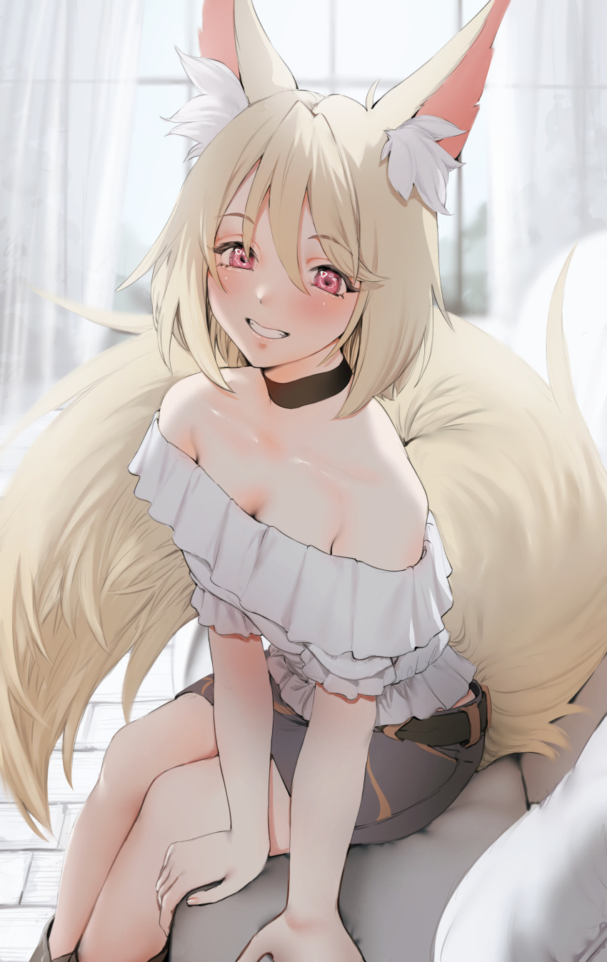 1girl absurdres animal_ear_fluff animal_ears arm_support belt black_belt blonde_hair blurry blurry_background blush choker collarbone commentary_request couch curtains fox_ears fox_girl fox_tail frilled_shirt frilled_shirt_collar frills grey_shorts grin hair_between_eyes highres looking_at_viewer off-shoulder_shirt off_shoulder original parted_lips pink_eyes shirt short_hair short_shorts shorts sitting skirt smile strapless strapless_shirt tail takumoyuha white_shirt window yellow_tail