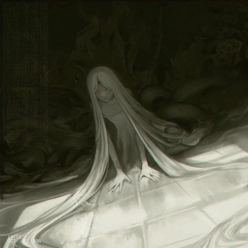 1other absurdly_long_hair androgynous binary chise_(vtuber) chiseoyasumi chromatic_aberration ciphertext colored_skin dress eldritch_abomination facial_mark flat_chest highres horror_(theme) indie_virtual_youtuber long_hair monochrome shaded_face shadow smile tentacles tile_floor tiles timestamp very_long_hair virtual_youtuber white_dress white_hair white_skin