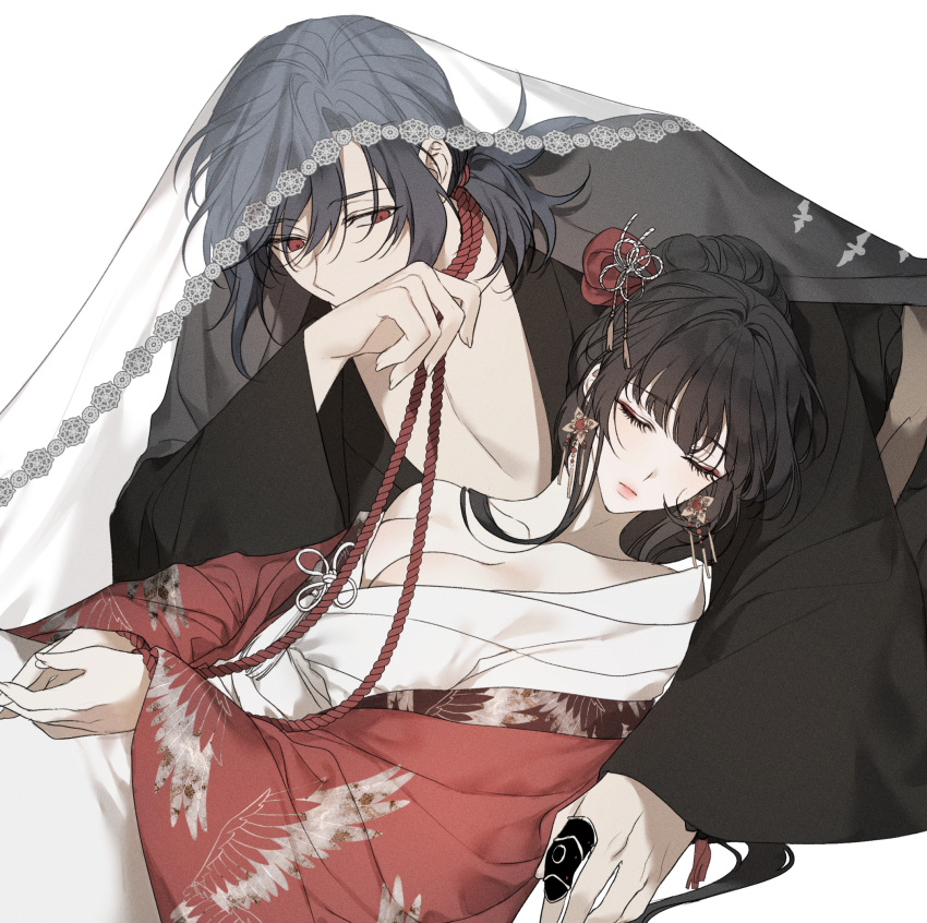 1boy 1girl bad_source black_hair bound bound_wrists breasts bridal_veil cleavage closed_eyes couple ea_ateu earrings female_saniwa_(touken_ranbu) highres japanese_clothes jewelry large_breasts long_hair lying oodenta_mitsuyo red_eyes rope saniwa_(touken_ranbu) touken_ranbu veil