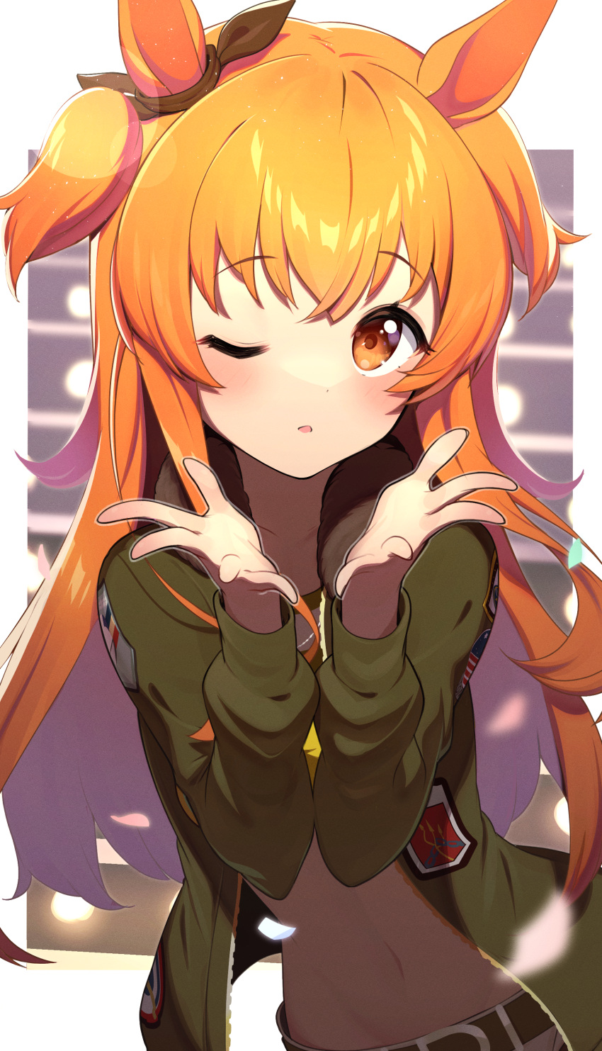 1girl absurdres animal_ears bangs black_ribbon blush border brown_eyes commentary_request ear_ribbon face green_jacket hands highres horse_ears horse_girl jacket long_hair long_sleeves looking_at_viewer mayano_top_gun_(umamusume) one_eye_closed open_clothes open_jacket orange_hair outside_border ribbon solo takom two_side_up umamusume upper_body white_border