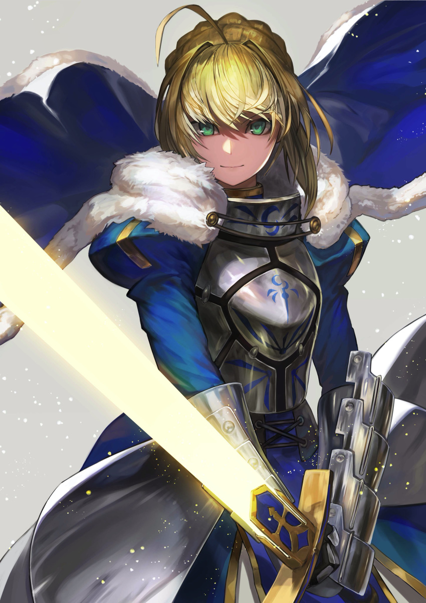 &gt;:) 1girl absurdres ahoge armor armored_dress artoria_pendragon_(all) blonde_hair blue_cape blue_dress cape dress excalibur_(fate/stay_night) fate/stay_night fate_(series) fur-trimmed_cape fur_trim gauntlets glowing glowing_weapon green_eyes hair_bun highres holding holding_sword holding_weapon long_sleeves looking_at_viewer multicolored_hair nalai puffy_long_sleeves puffy_sleeves saber solo streaked_hair sword v-shaped_eyebrows weapon white_hair wind