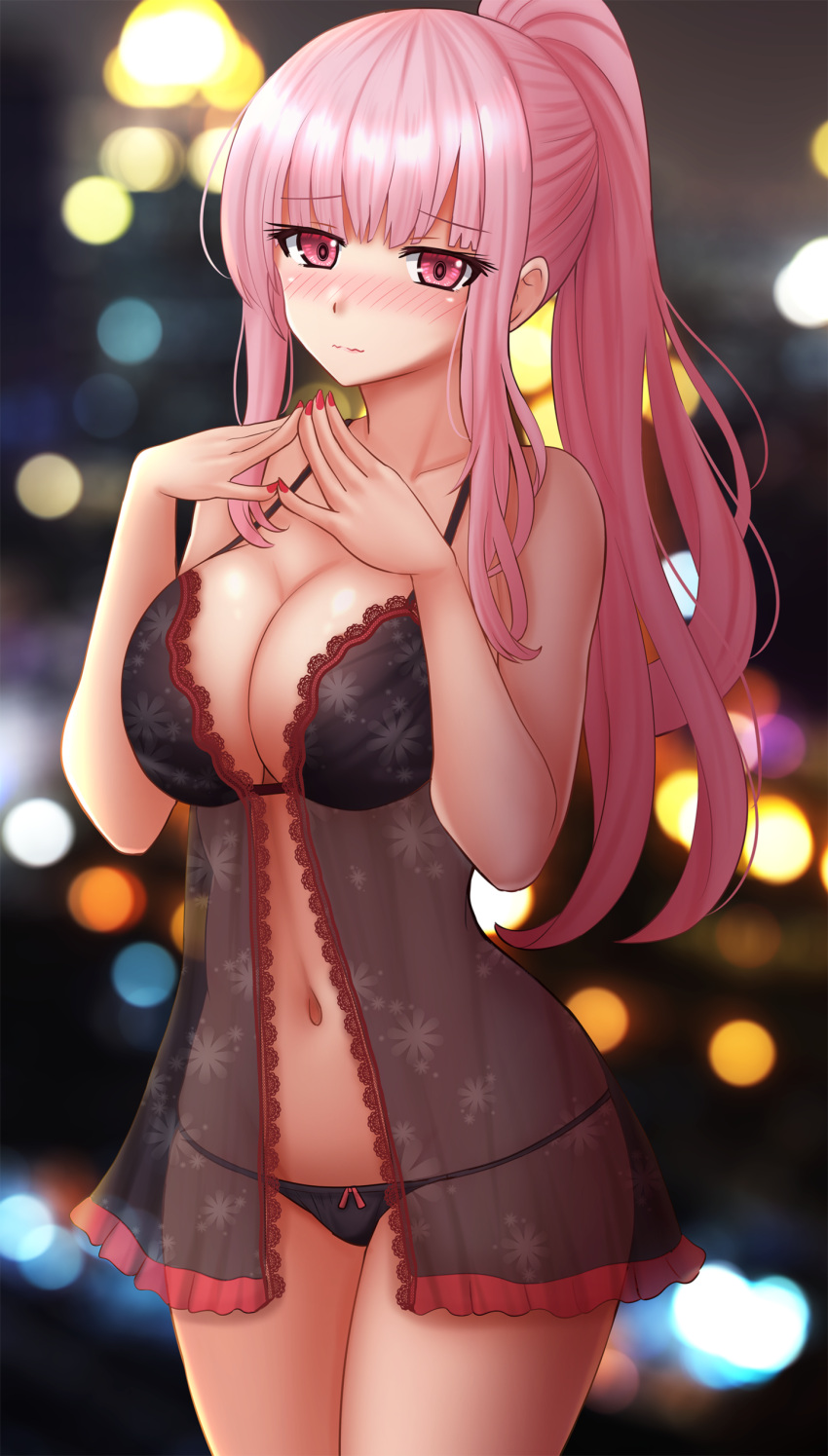 1girl absurdres arms_up babydoll bangs black_bra black_panties blurry blurry_background blush bra breasts cleavage cowboy_shot eyebrows_visible_through_hair fingers_together highres hololive hololive_english kazenokaze large_breasts lights lingerie long_hair looking_at_viewer md5_mismatch mori_calliope nail_polish navel panties pink_eyes pink_hair ponytail red_nails solo stomach underwear virtual_youtuber wavy_mouth