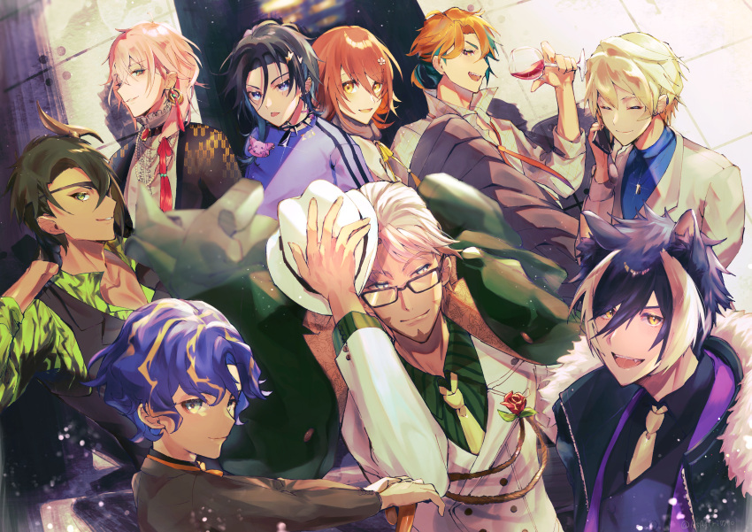 6+boys absurdres animal_ears aragami_oga arurandeisu asagiri0700 astel_leda bishounen black_gloves black_hair blonde_hair blue_hair coat cup dark-skinned_male dark_skin drinking_glass everyone flower formal glasses gloves hair_flower hair_ornament hanasaki_miyabi hat highres holding holding_clothes holding_cup holding_hat holostars horns jackal_ears kageyama_shien kanade_izuru kishido_temma lightning_bolt_hair_ornament lightning_bolt_symbol male_focus multicolored_hair multiple_boys neck_ribbon necktie orange_hair pink_hair red_hair ribbon rikka_(holostars) shirt short_hair single_horn streaked_hair suit virtual_youtuber white_hair wine_glass yukoku_roberu