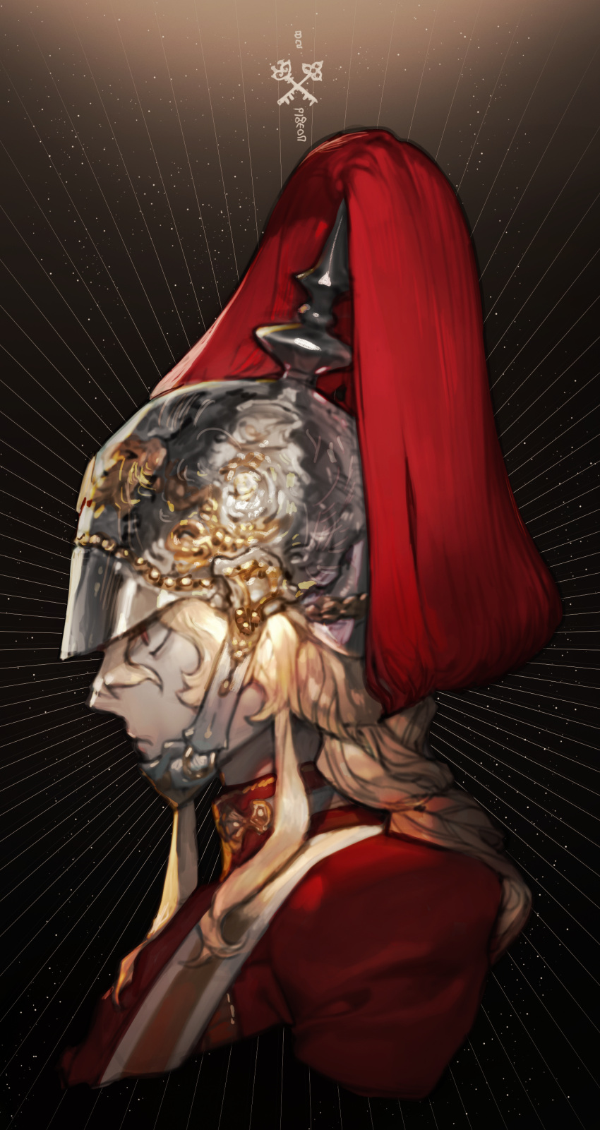 1boy absurdres blonde_hair closed_mouth emphasis_lines from_side hair_between_eyes helmet highres jacket military military_uniform original photo-referenced pickelhaube pigeon666 plume profile red_eyes red_jacket solo uniform upper_body