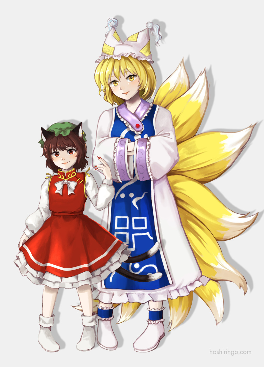 2girls absurdres animal_ears blonde_hair bow bowtie brown_eyes brown_hair cat_ears cat_tail chen dress drop_shadow earrings fox_ears fox_tail full_body gold_trim grey_background hat highres hoshiringo0902 jewelry light_blush mob_cap multiple_girls multiple_tails nekomata nostrils perfect_cherry_blossom pillow_hat red_dress short_hair simple_background single_earring tabard tail touhou two_tails white_dress white_neckwear yakumo_ran yellow_eyes