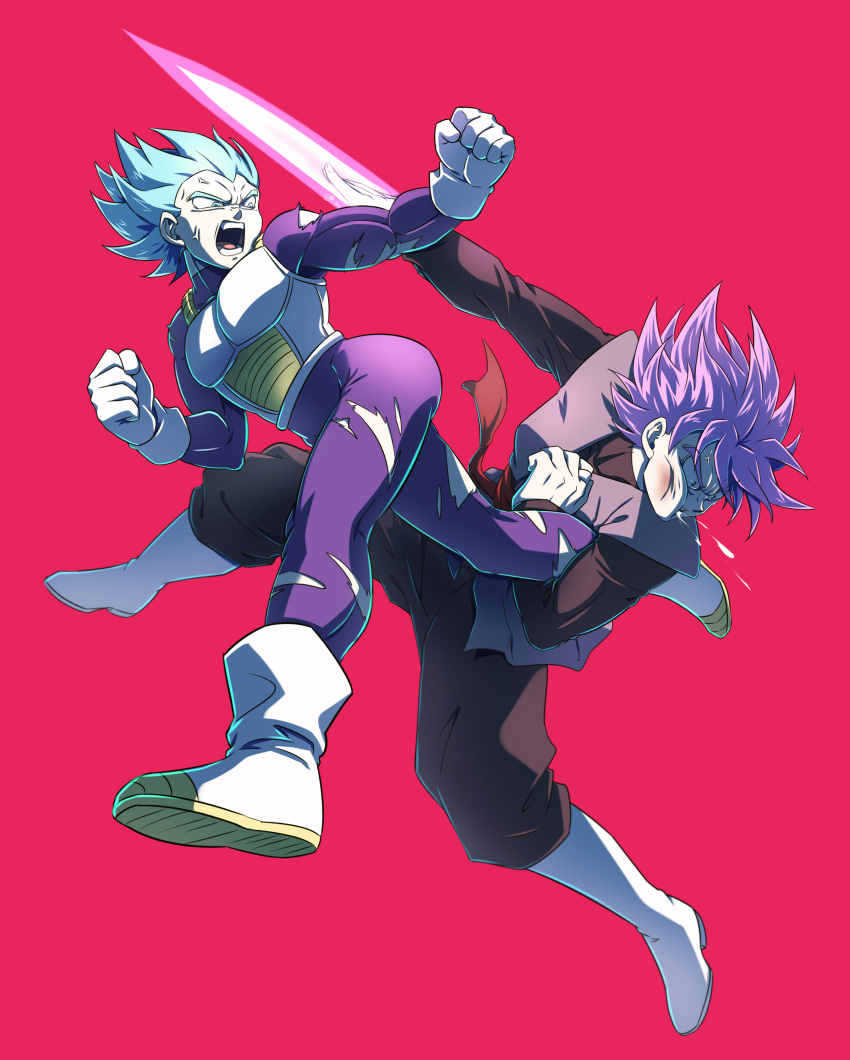 2boys absurdres anger_vein armor battle bodysuit boots clenched_hands commentary dragon_ball dragon_ball_super fighting gloves goku_black highres male_focus multiple_boys open_mouth purple_hair simple_background sm318 spiked_hair spitting super_saiyan super_saiyan_blue super_saiyan_rose teeth tongue torn_bodysuit torn_clothes vegeta white_footwear white_gloves