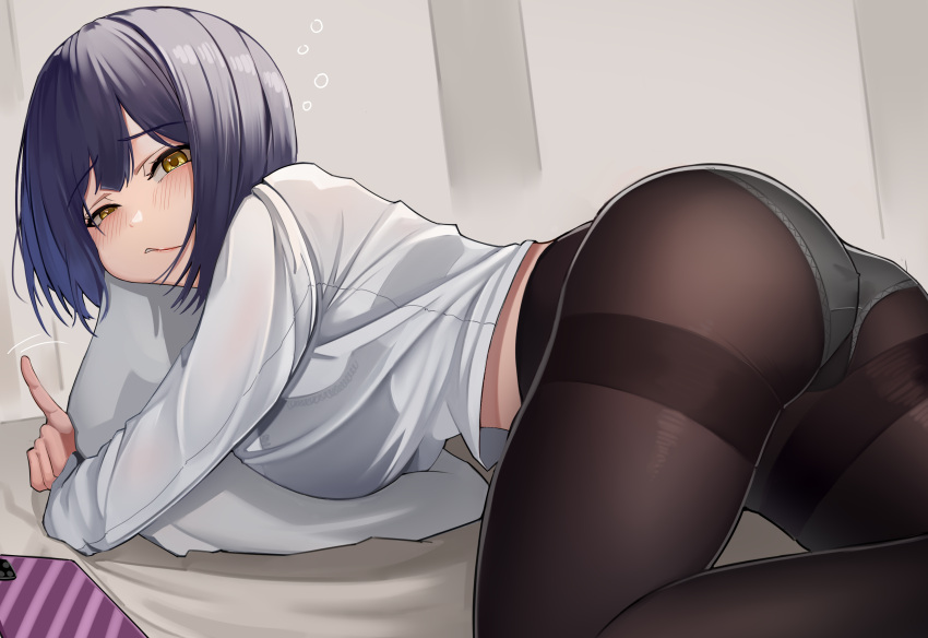 1girl absurdres ass bangs black_hair breasts brown_legwear cellphone commentary_request eyebrows_visible_through_hair gusset harris_hero highres large_breasts long_sleeves looking_at_viewer midriff_peek nijisanji on_bed panties panties_under_pantyhose pantyhose phone pillow pillow_hug shirt shizuka_rin short_hair smartphone solo thighband_pantyhose thighs underwear virtual_youtuber white_shirt yellow_eyes