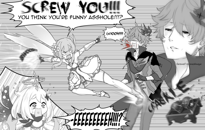 1boy 2girls alph_(sancheck) broken crotch_kick english_commentary english_text fingerless_gloves flower flying_kick flying_sweatdrops genshin_impact gloves hair_flower hair_ornament highres kicking lumine_(genshin_impact) mask mask_on_head monochrome multiple_girls paimon_(genshin_impact) shaded_face short_hair spitting spitting_blood sweatdrop tartaglia_(genshin_impact)