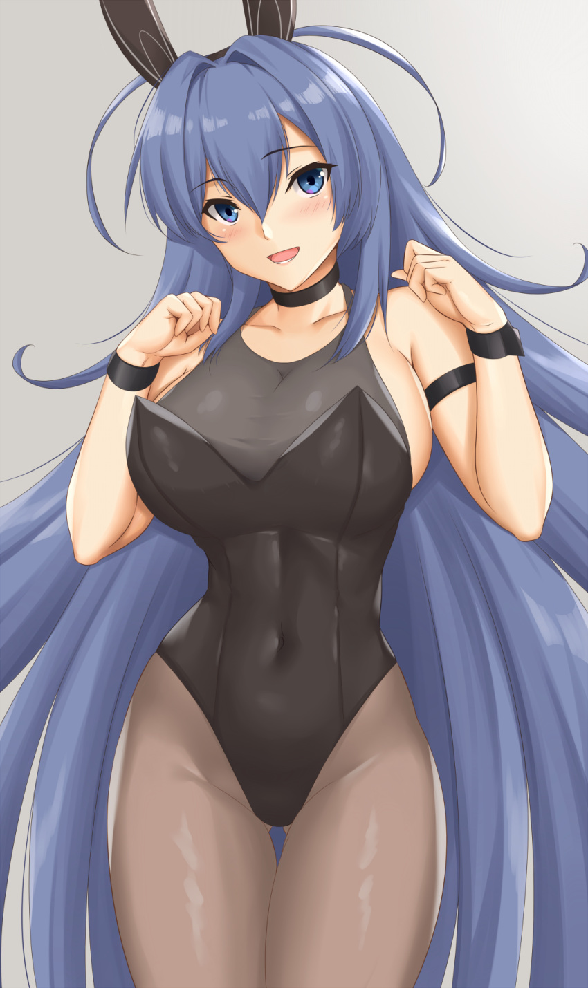 1girl absurdly_long_hair animal_ears arciealbano azur_lane black_hair black_leotard blue_eyes blue_hair bodystocking bunny_ears choker covered_collarbone covered_navel detached_collar eyebrows_visible_through_hair grey_background hair_between_eyes highres leotard long_hair looking_at_viewer new_jersey_(azur_lane) new_jersey_(exhilarating_steps!)_(azur_lane) official_alternate_costume open_mouth pantyhose playboy_bunny solo very_long_hair