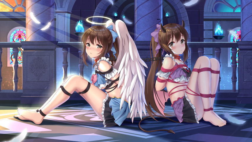 2girls absurdres angel angel_and_devil angel_wings bare_shoulders barefoot blue_skirt bound bound_together bow breasts brown_eyes brown_hair chain collar commentary_request demon_girl demon_horns demon_tail demon_wings eyebrows_visible_through_hair feathers freshylulu_m frills hair_bow halo highres horns huge_filesize indoors long_hair looking_at_viewer midriff multiple_girls original ponytail purple_skirt restrained shibari shibari_over_clothes sitting sitting_on_floor skirt tail tied_up underboob wings