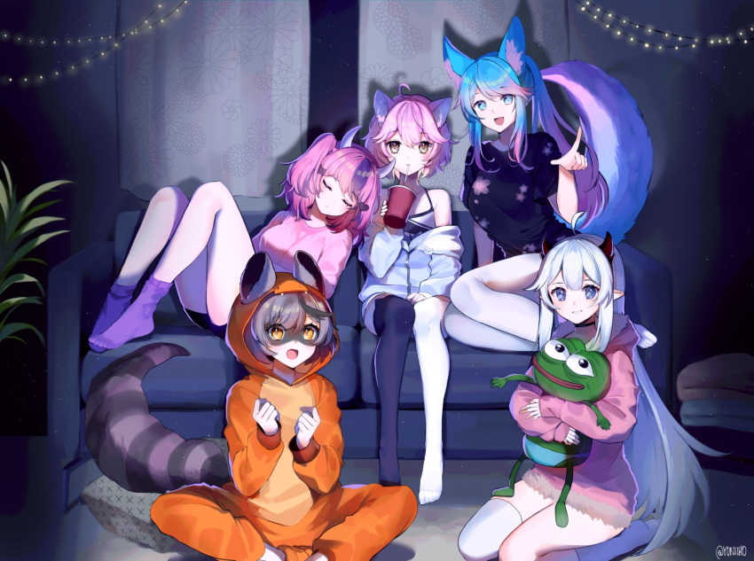 5girls :d ahoge animal_ear_fluff animal_ears bangs black_legwear black_shirt blue_eyes breasts brown_eyes cat_ears character_doll commentary commission couch cup demon_horns drinking_straw_in_mouth eyebrows_visible_through_hair feet_out_of_frame floral_print full_body fur_trim head_on_another's_shoulder highres holding holding_cup hood hood_up hoodie horns indie_virtual_youtuber ironmouse jacket kneehighs leaning_on_person long_hair long_sleeves looking_at_viewer medium_breasts mismatched_legwear multiple_girls no_shoes nyatasha_nyanners off_shoulder on_couch open_mouth orange_eyes pepe_the_frog pink_hoodie pointy_ears purple_legwear raccoon_ears raccoon_girl raccoon_tail seiza shirt silvervale single_kneehigh single_thighhigh sitting sleeping smile snuffy_(vtuber) socks tail tail_raised thighhighs twitter_username vei_(vtuber) very_long_hair virtual_youtuber vshojo white_hair white_jacket white_legwear wolf_ears wolf_girl wolf_tail yuniiho