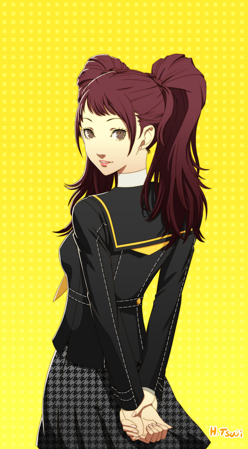1girl absurdres arms_behind_back black_sailor_collar black_shirt brown_eyes brown_hair earrings from_behind hayatetsujimoto highres jewelry kujikawa_rise long_hair long_sleeves looking_at_viewer looking_back miniskirt neckerchief official_style parted_lips persona persona_4 pleated_skirt print_skirt sailor_collar shirt skirt smile soejima_shigenori_(style) solo standing twintails yellow_background yellow_neckwear