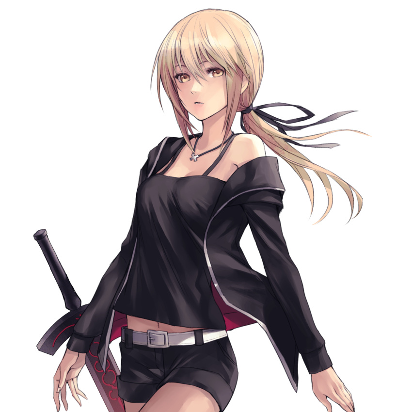 1girl applekun artoria_pendragon_(all) bangs belt belt_buckle black_jacket black_ribbon black_shirt black_shorts blonde_hair breasts buckle cleavage closed_mouth cowboy_shot excalibur_morgan_(fate) fate/grand_order fate_(series) floating_hair hair_between_eyes hair_ribbon highres jacket jet_black_king_of_knights_ver._shinjuku_1999 jewelry long_hair low_ponytail midriff navel necklace off_shoulder open_clothes open_jacket ribbon saber_alter shiny shiny_hair shirt short_shorts shorts simple_background sleeveless sleeveless_shirt small_breasts solo standing stomach sword weapon white_background white_belt yellow_eyes