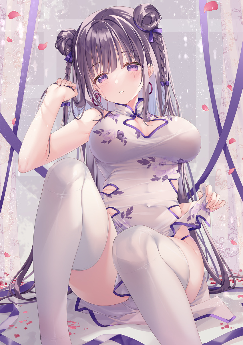 1girl bangs bare_shoulders blush braid breasts china_dress chinese_clothes cleavage_cutout clothing_cutout commentary_request double_bun dress eyebrows_visible_through_hair feet_out_of_frame hand_up highres holding_hands large_breasts legs long_hair looking_at_viewer original parted_lips purple_eyes purple_hair purple_ribbon ribbon sitting solo sousouman thighhighs twintails very_long_hair white_dress white_legwear