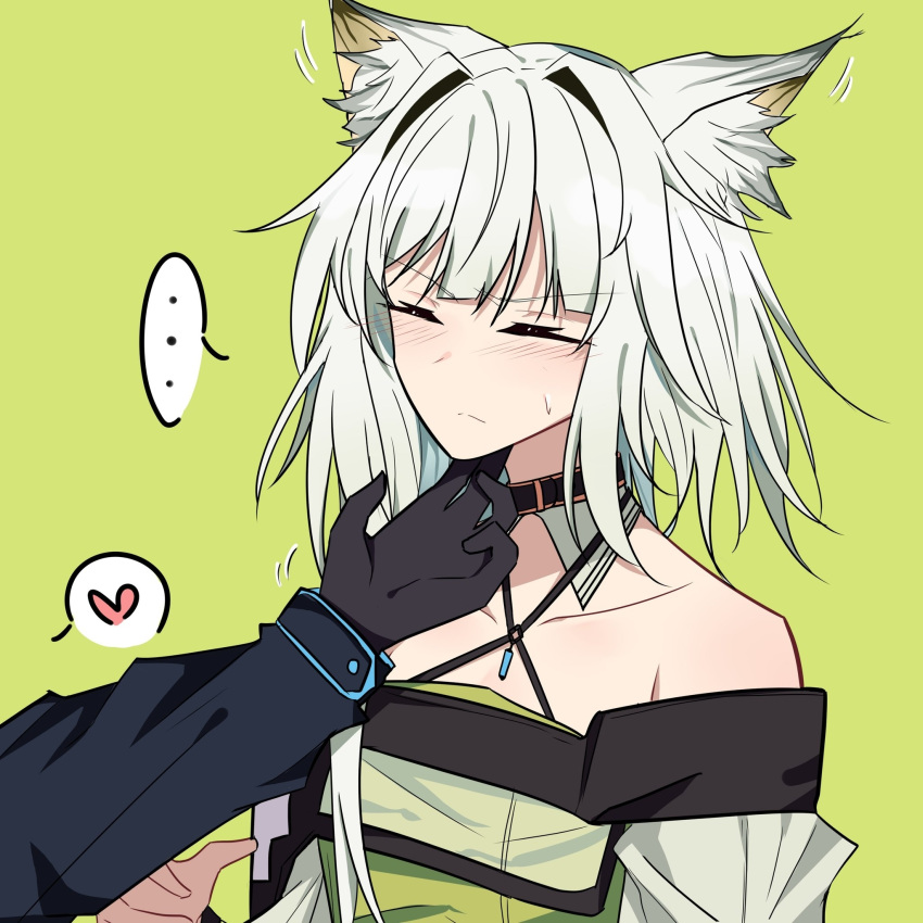 1girl 1other ambiguous_gender animal_ear_fluff animal_ears arknights bangs bare_shoulders blush cat_ears chin_tickle choker closed_eyes closed_mouth collarbone doctor_(arknights) eyebrows_visible_through_hair hand_up highres kal'tsit_(arknights) long_sleeves medium_hair messy_hair off_shoulder pokarii_zuu sidelocks solo_focus sweat upper_body white_hair yellow_background