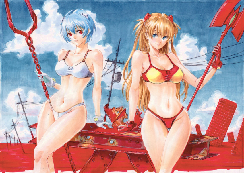 2girls ayanami_rei bangs bikini blue_eyes blue_sky breasts cleavage closed_mouth cloud commentary day english_commentary highres holding holding_spear holding_weapon interface_headset lance_of_longinus long_hair looking_at_viewer marker_(medium) mixed-language_commentary multiple_girls navel neon_genesis_evangelion outdoors parted_lips polearm power_lines rebuild_of_evangelion red_eyes rodrigo_yoshimiya short_hair sky smile souryuu_asuka_langley spear spear_of_cassius swimsuit traditional_media utility_pole wasteland weapon white_bikini