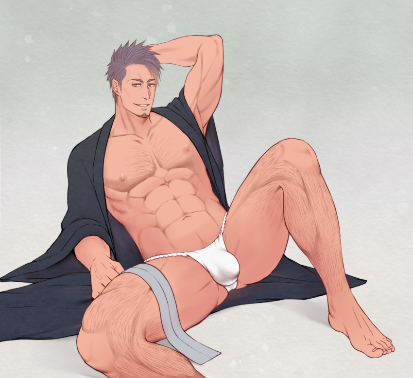 1boy abs aqua_eyes arm_behind_head arm_support arm_up bangs bara bare_pectorals barefoot black_kimono body_hair bulge chest_hair collarbone facial_hair feet fundoshi goatee grin highres japanese_clothes kimono kiyoshi_(tsuzura802807) knee_up leg_hair looking_at_viewer male_focus muscular muscular_male navel navel_hair nipples open_clothes open_kimono original parted_bangs pectorals purple_hair reclining short_hair sitting smile solo spread_legs wide_sleeves yukata