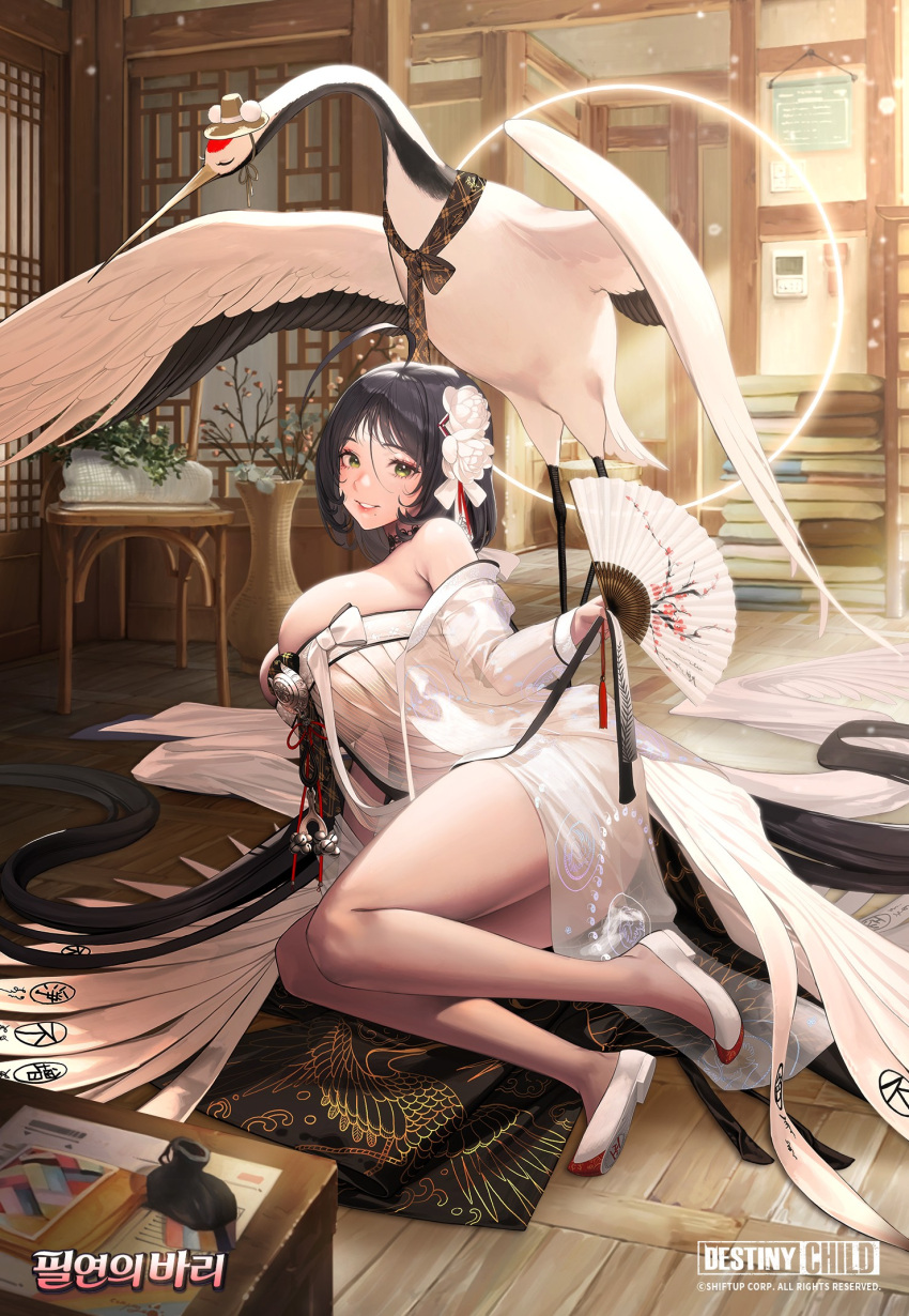 1girl ahoge all_fours bangs bare_shoulders bari_(destiny_child) bird black_hair breasts copyright_name destiny_child detached_sleeves dress fan full_body hair_ornament highres holding holding_fan indoors korean_text large_breasts logo long_hair looking_at_viewer mole mole_under_mouth official_art shoe_soles smile solo strapless strapless_dress very_long_hair white_dress wooden_floor yellow_eyes zig90