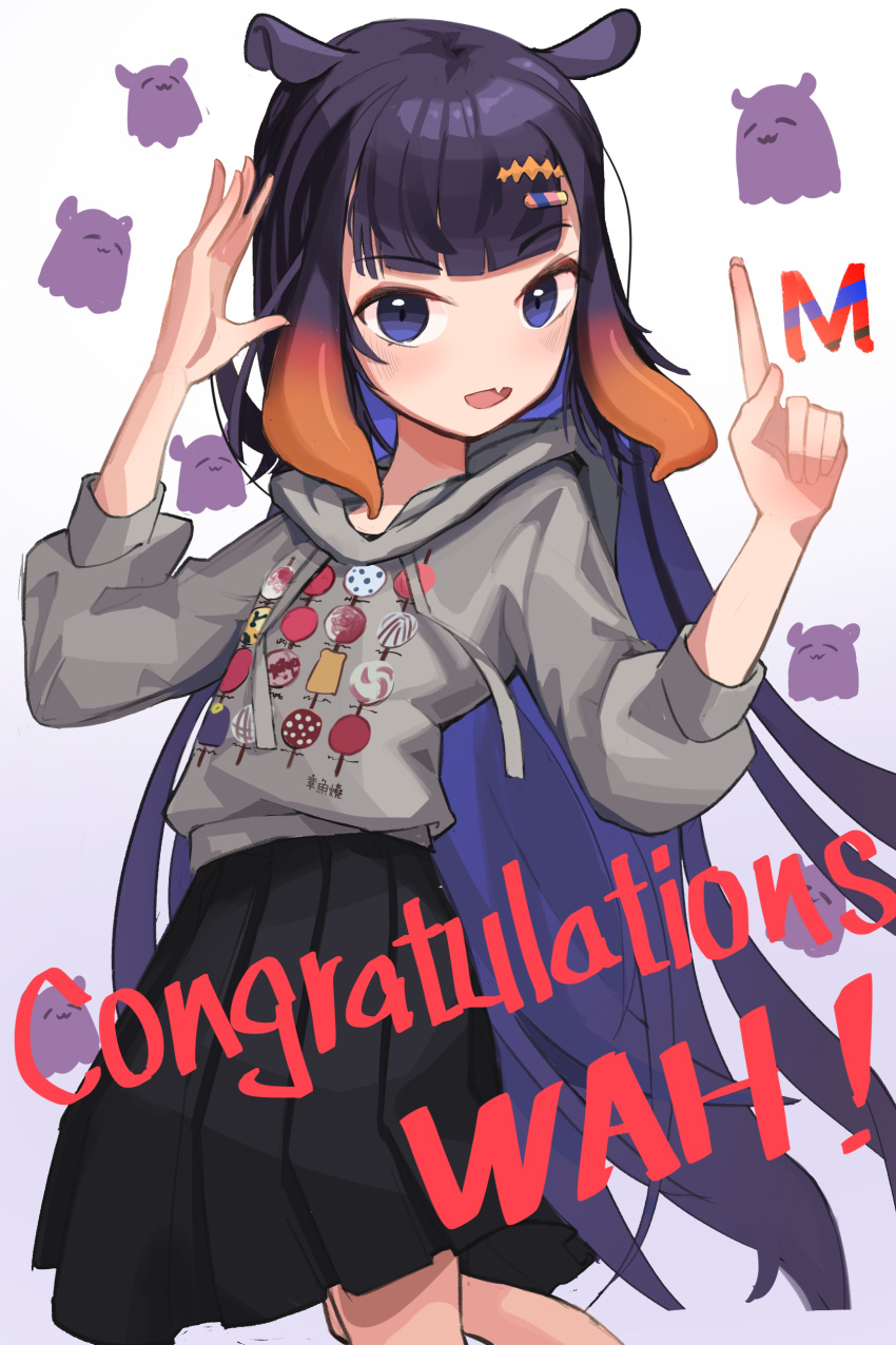 1girl absurdres bangs black_skirt blue_eyes congratulations eyebrows_visible_through_hair fang grey_hoodie hair_ornament highres hololive hololive_english hood hoodie leaning_back long_hair milestone_celebration mrstomachache ninomae_ina'nis open_hand open_mouth pill_hair_ornament pointing pointing_up skin_fang skirt smile solo tako_(ninomae_ina'nis) tentacle_hair very_long_hair virtual_youtuber