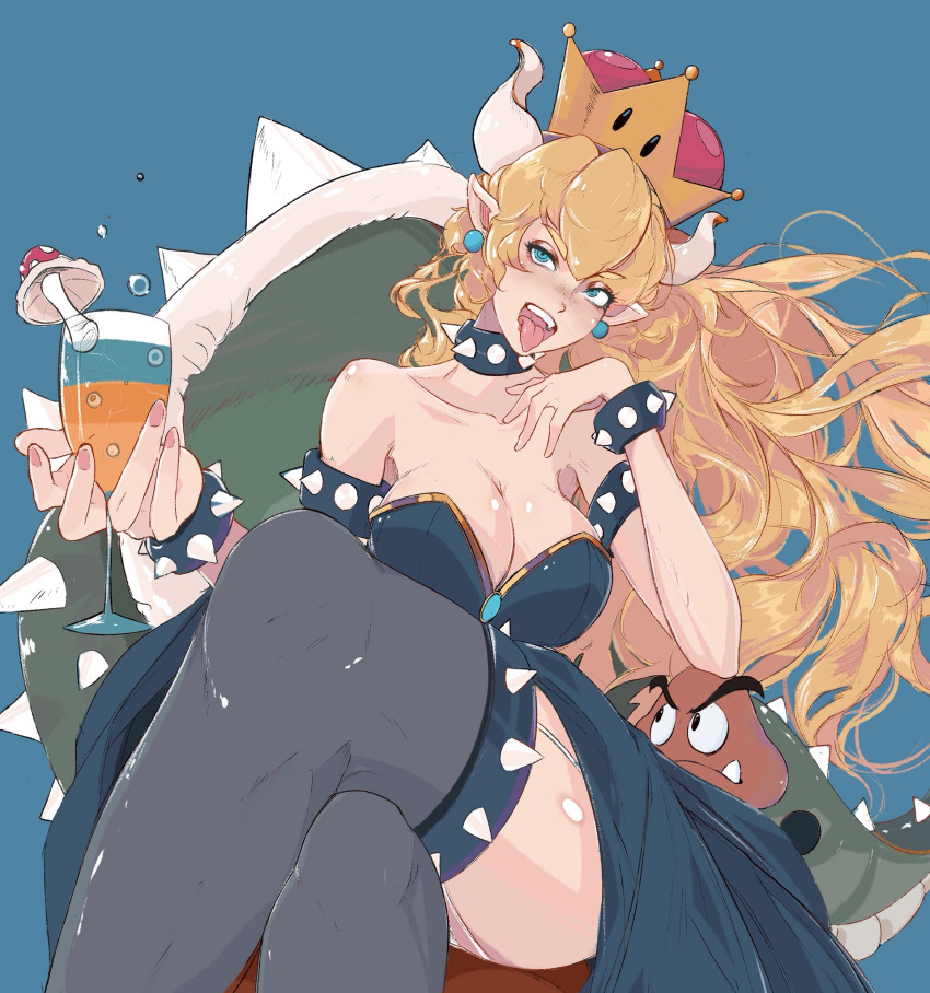 1girl armlet bare_shoulders black_dress blonde_hair blue_background bowsette bracelet breasts cleavage collar commentary cup dress earrings elliemaplefox goomba grey_legwear hand_up highres holding holding_cup horns jewelry large_breasts long_hair mario_(series) mushroom new_super_mario_bros._u_deluxe open_mouth pink_nails pointy_ears simple_background solo spiked_armlet spiked_bracelet spiked_collar spiked_tail spiked_thighlet spikes super_crown tail thighhighs thighlet tongue tongue_out turtle_shell very_long_hair
